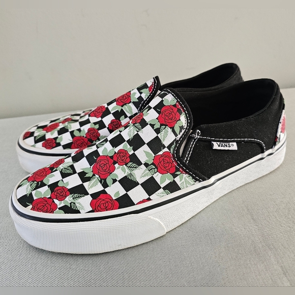 VANS Asher Checkerboard & Roses Womens Slip On Sneakers, Shoes - Picture 1 of 10